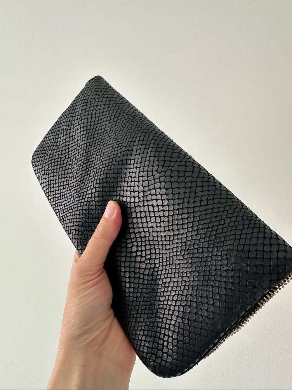 Lauren Merkin Black Snake Embossed Leather Foldover Clutch Gold Zip